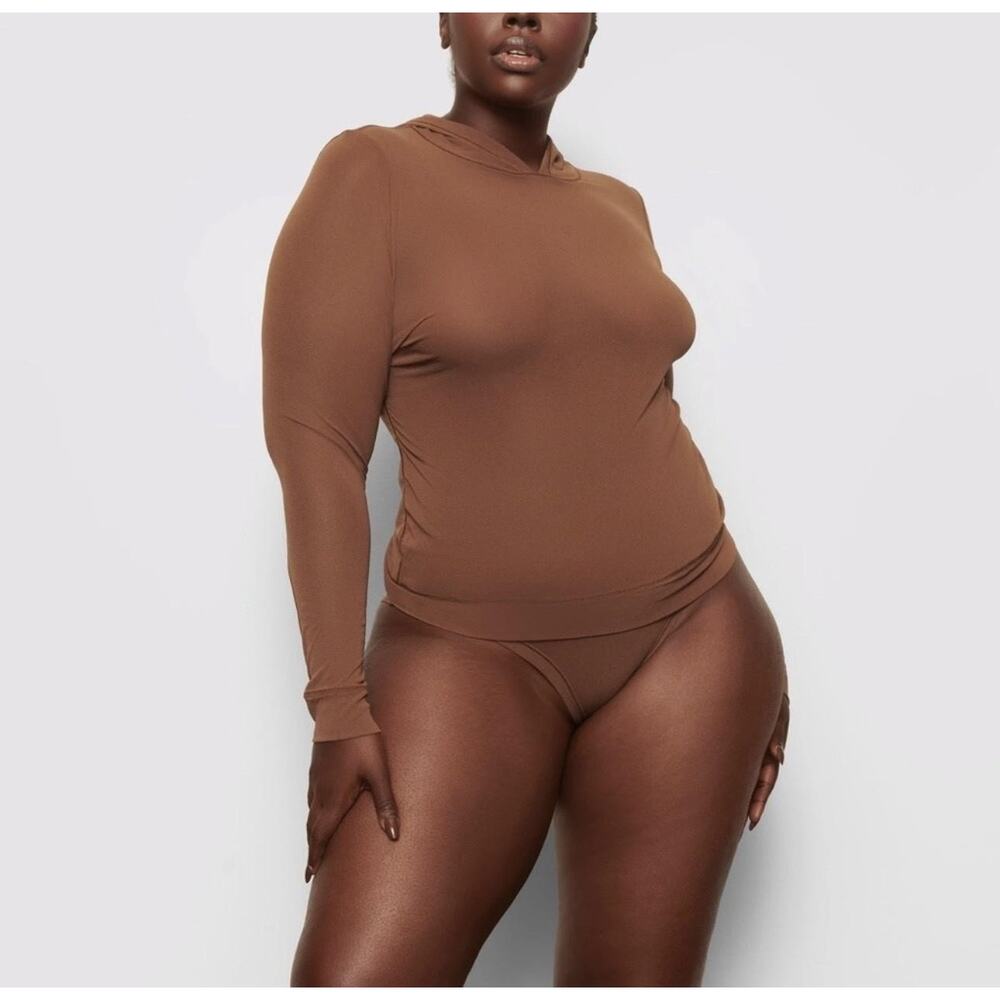 Skims Shirt Womens 2X Brown Hooded Sheer Mesh Stretch Long Sleeve Jersey Top